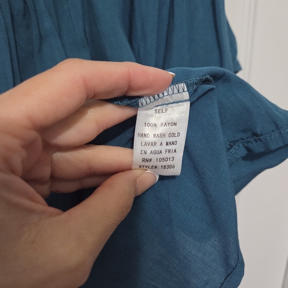 ANDREE By Unit V-neck Flowy Peasant Ruffled Short Sleeve Teal Blouse Size Small - Picture 6 of 7